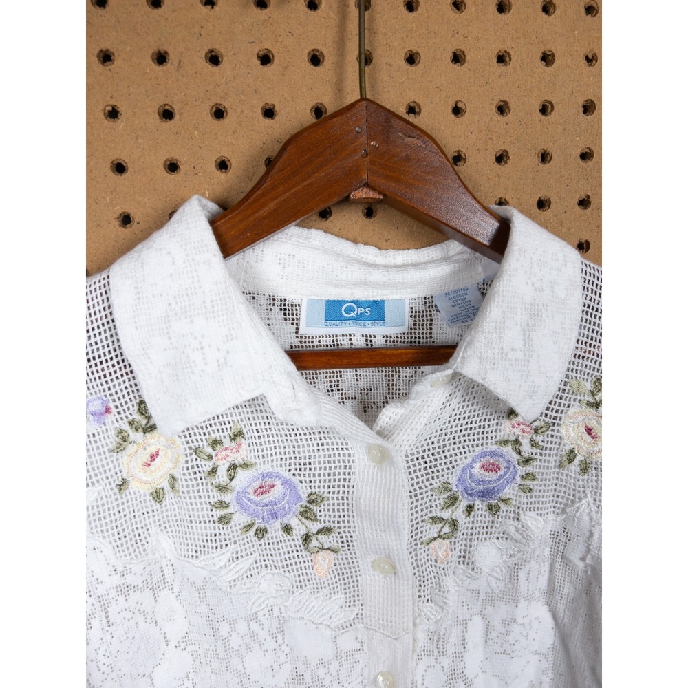 QPS Vintage White Floral Lace Embroidered Button Up Blouse Top  Large Cottage